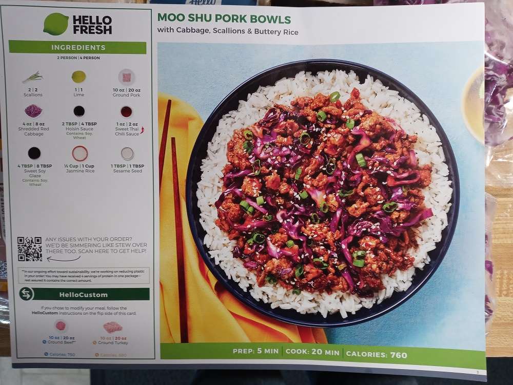 Peter Jameson's favorite hello fresh meal, moo shu pork bowl recipe card
