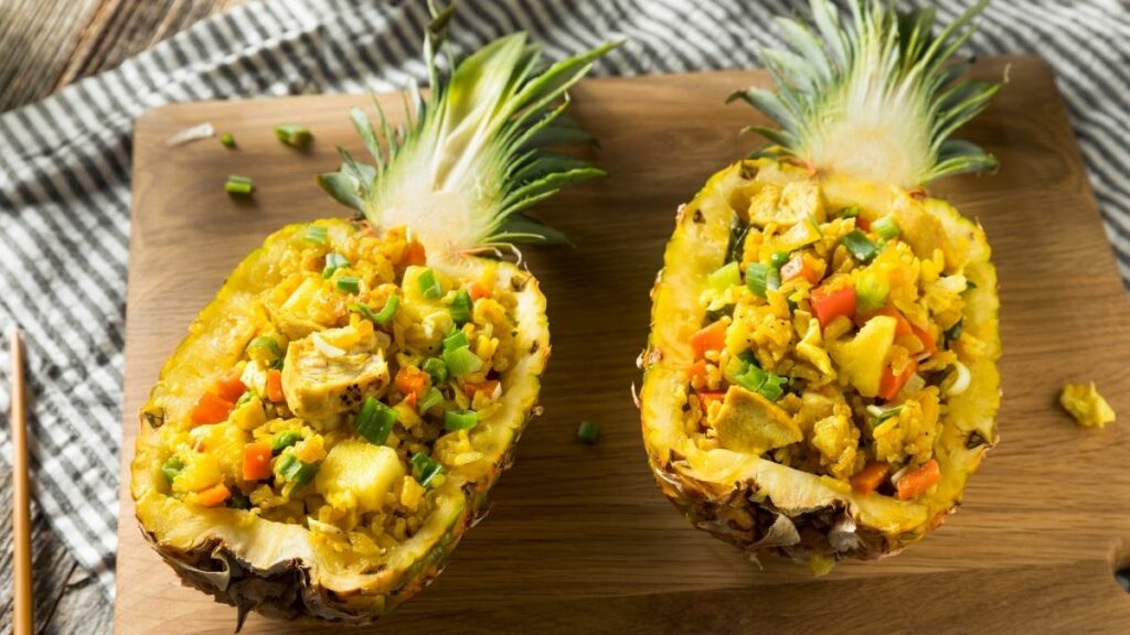 chicken in pineapple and fried rice