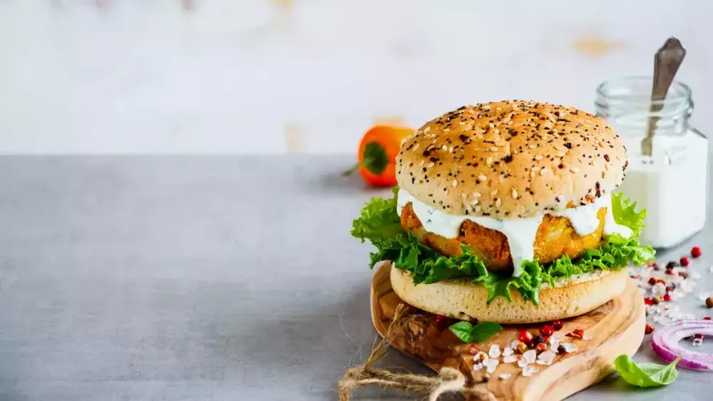 Mediterranean Veggie Burgers with Mint-Yogurt Sauce and Carrot Salad