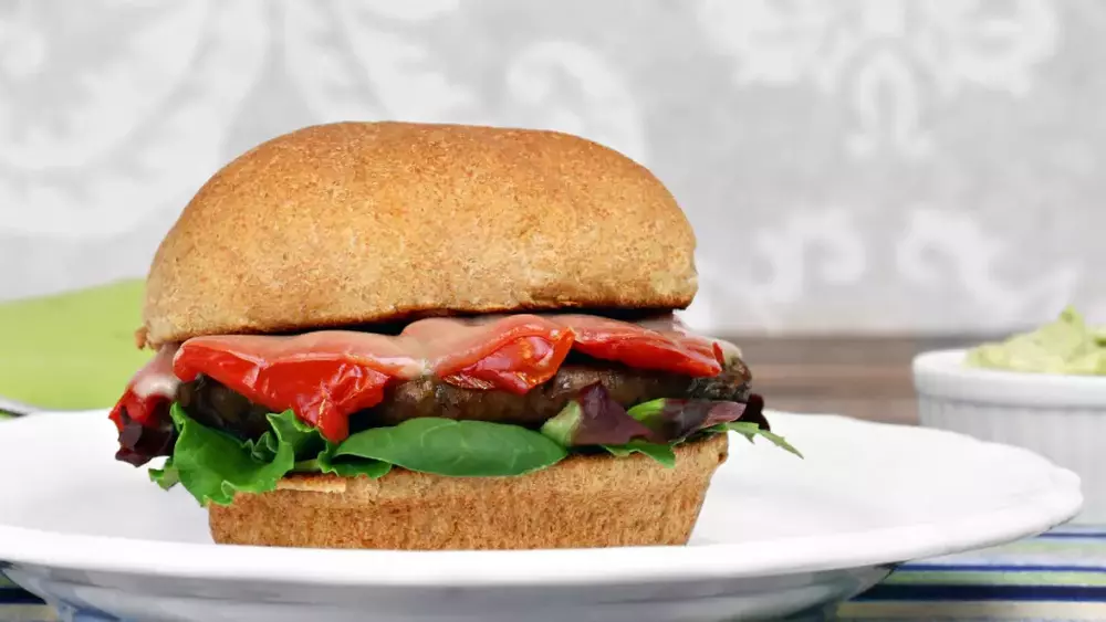 Portobello Burgers with Pesto, Provolone, and Roasted Peppers