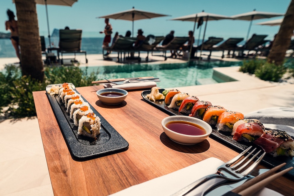 prepared seafood on a table at the beach